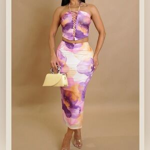 Vibrant Floral Women's Skirt Set in Purple and Orange